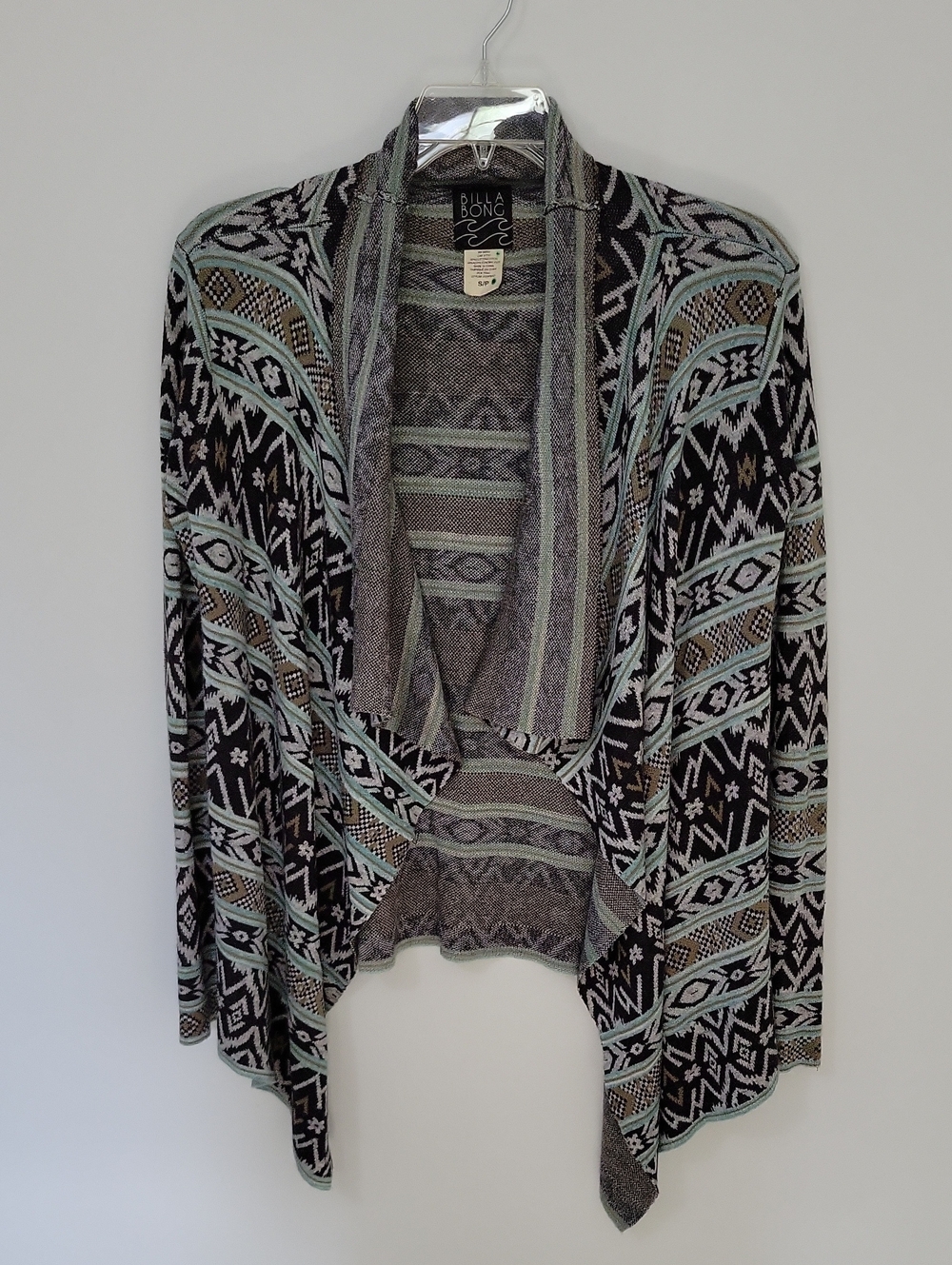 Billabong Open-Front Aztec Cardigan - Black & Mint, Size Small